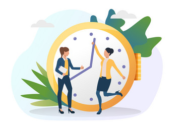 business women moving clock hands ahead vector