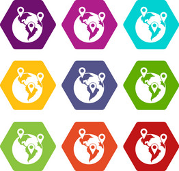 globe and map pointers icon set color hexahedron vector image