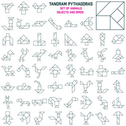 set of tangram puzzle line pythagoras square vector