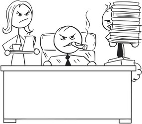 stick man cartoon of a angry boss behind desk vector