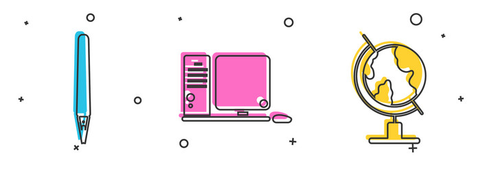 Set pen computer monitor with keyboard and mouse vector