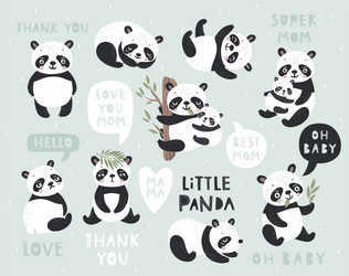 Panda set hand drawn style cute forest characters vector