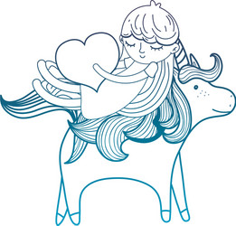 degraded outline girl with heart riding cute vector