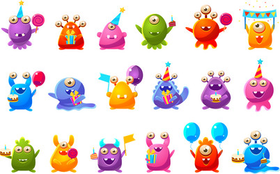 Cute Monsters with Birthday Decorations Vector Image