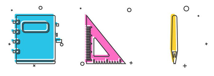 set notebook triangular ruler and pen icon vector image