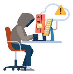 Hacker in hood working on computer ilegal digital vector