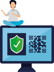 man and computer with qr code isolated icon vector image