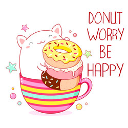 Cute Cat Donut Happy T-Shirt Vector Image