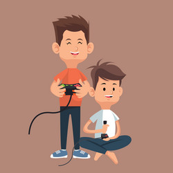 boys gamers with controller console and joystick vector image