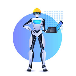 robot engineer in helmet using laptop modern vector image