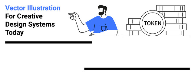 man gesturing towards stacked tokens representing vector image