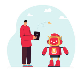 remote control of robot by engineer vector image