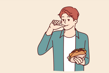 Man with burger licks fingers and enjoys reception vector