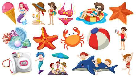 Set of summer beach objects and cartoon characters vector