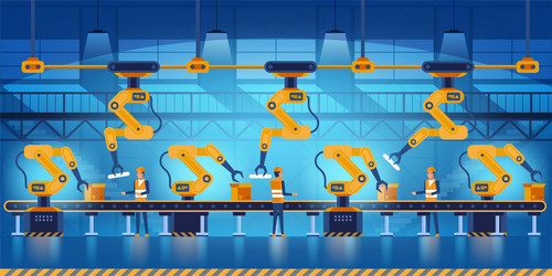 Efficient smart factory with workers robots vector