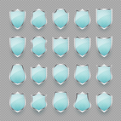 Set of vintage glass 3d shield icons blue vector