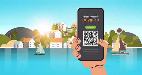hand using digital immunity passport with qr code vector image