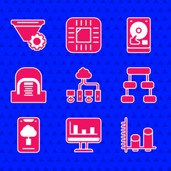 set computer network monitor with graph chart vector image
