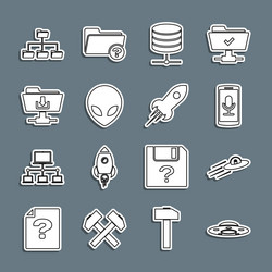 set line ufo flying spaceship and alien mobile vector image