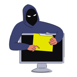 hacker in mask stealing folder with personal data vector image