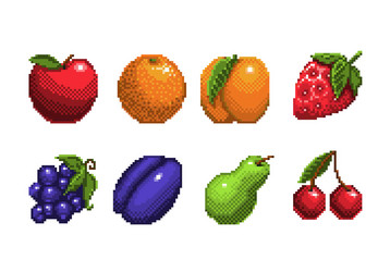 Set pixel art fruits icon 32x32 pixels vector