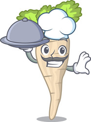 Chef with food fresh parsnip roots on a mascot vector