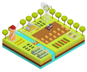 3d isometric rural farm concept background Vector Image