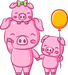 Cute three pink pig is walking around together vector