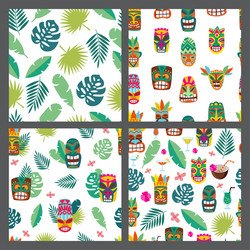 Set seamless patterns with tiki mask and leaves vector