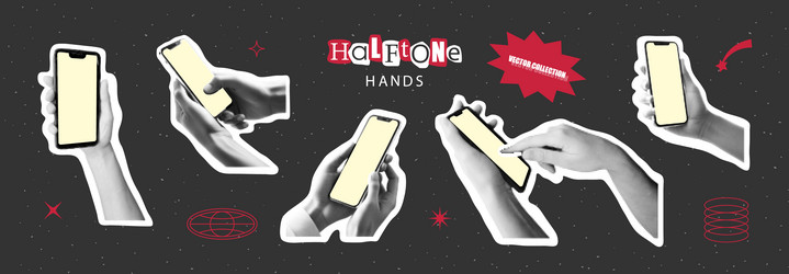 set of halftone hands with smartphone collection vector image
