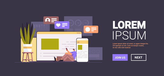man using computer and mobile chatting apps online vector image