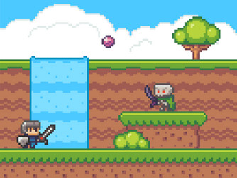 pixel game knight with sword throwing ball vector