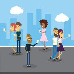 people with smartphone and social connection vector