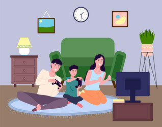 Happy family plays video games at home due vector