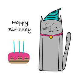 Happy birthday with cat and cake card vector