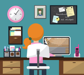 flat design of room with workspace girl at work vector