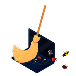 Broom cleaning laptop from bugs and viruses vector