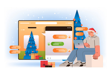 Man in santa hat having dialog computer app vector