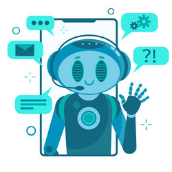 smiling chat bot character robot helping solve vector