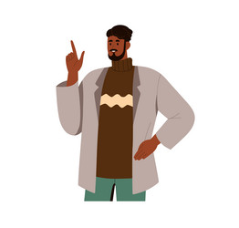 Man speaking with finger up pointing gesture vector