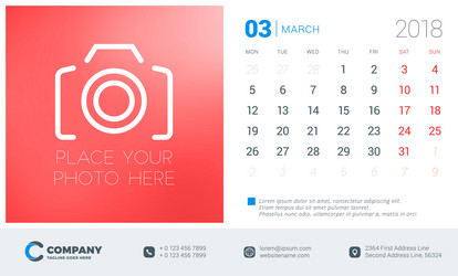 March 2018 desk calendar design template vector