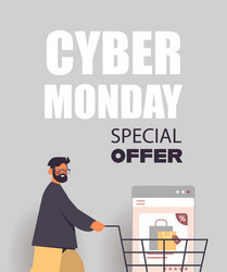 man pushing web browser window in trolley cart vector image