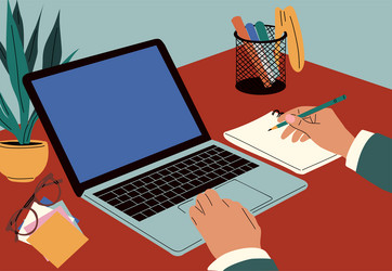 hands work at laptop using computer desk vector image