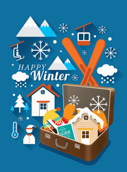 Suitcase with winter icons vector