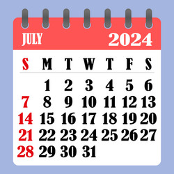 Letter calendar for july 2024 week begins vector