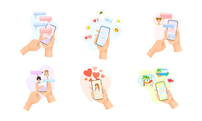 hand with smartphone using chat software text vector image