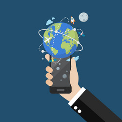 hand holding smartphone with global network vector