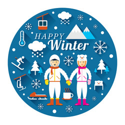 Couple in snowsuit with winter icons label vector