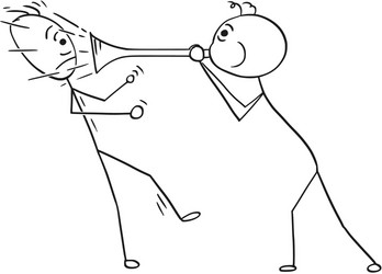 cartoon of man using horn to play sound against vector