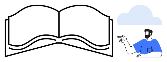 man pointing at giant open book with cloud vector image